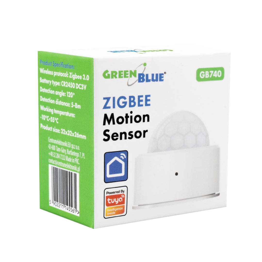 Trådlös rörelsesensor Zigbee Tuya GreenBlue, Android/iOS, CR2450 DC 3,0 V, detekteringsvinkel 120° / upp till 8 m, GB740