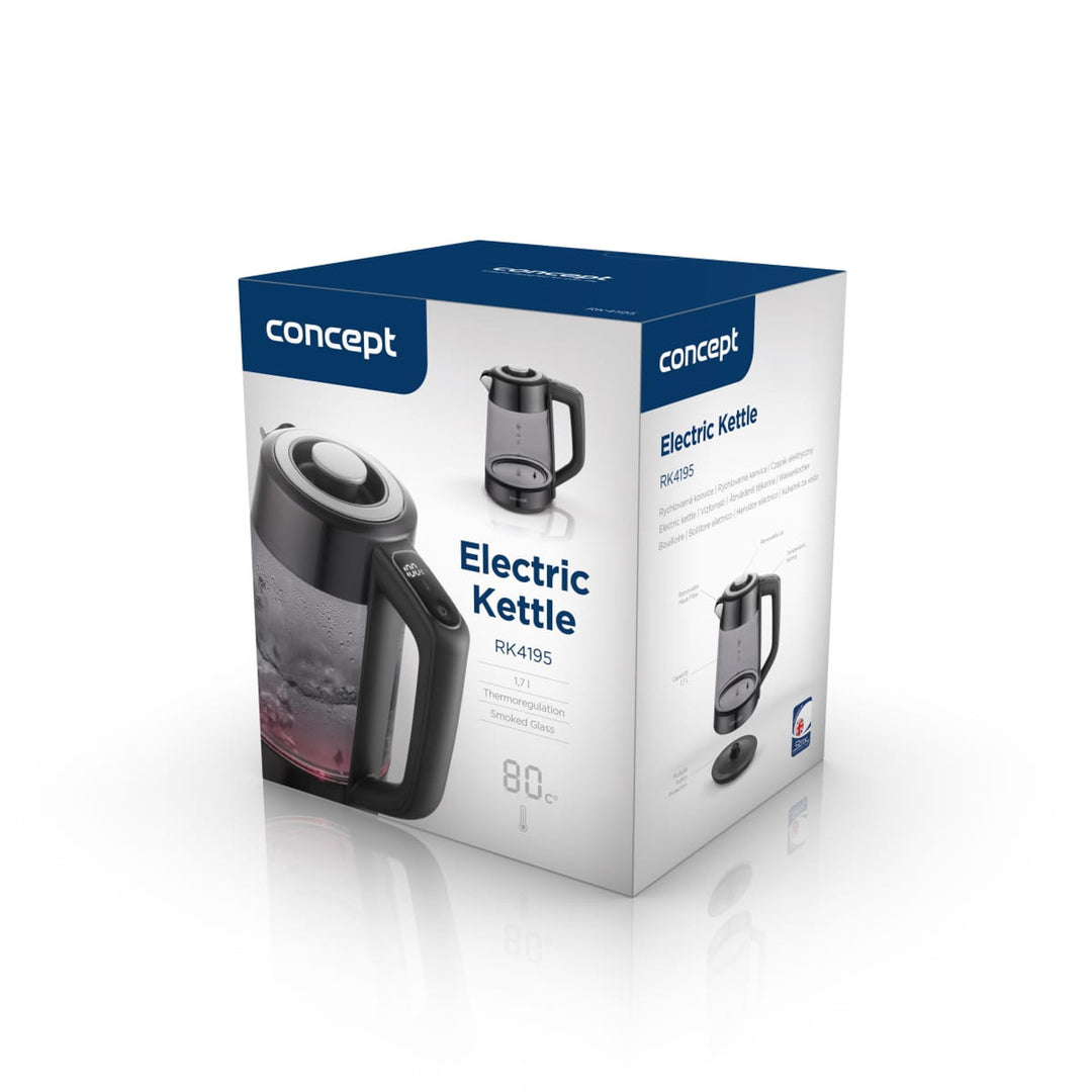 Concept elektrisk vattenkokare i glas, kapacitet 1,7 l, effekt 1850–2200 W, färg svart, Strix-kontakt, temperaturreglering, digital styrning, RK4195