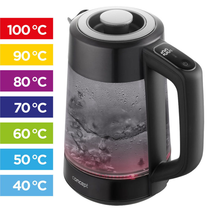 Concept elektrisk vattenkokare i glas, kapacitet 1,7 l, effekt 1850–2200 W, färg svart, Strix-kontakt, temperaturreglering, digital styrning, RK4195
