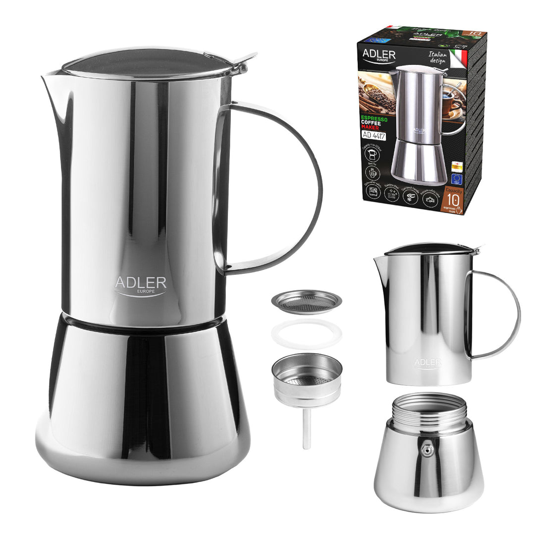 Adler kaffebryggare, espressobryggare, kapacitet 620 ml, färg silverstål, AD 4417