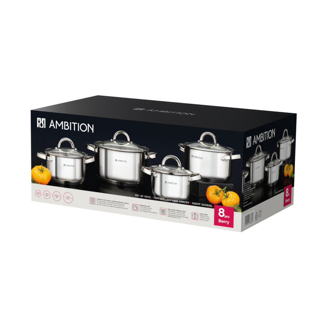 Ambition kastrullset, rostfritt stål, 8 delar, tjock botten, Berry