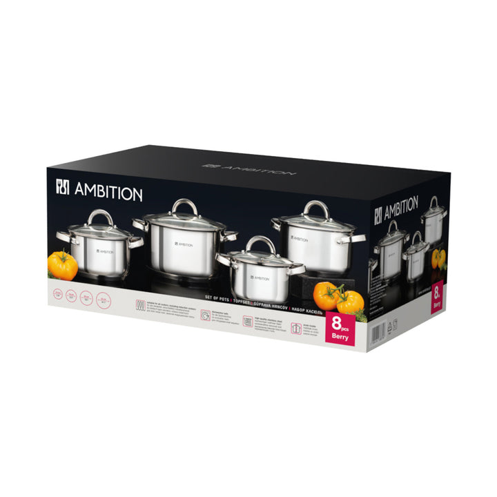 Ambition kastrullset, rostfritt stål, 8 delar, tjock botten, Berry