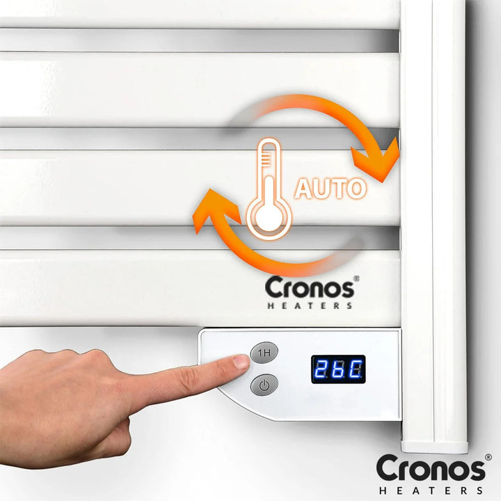 Cronos elektrisk badrumskamin, effekt 500 W, värmer rum upp till 6 m2, LCD-display, AUTO-funktion, TIMER och funktion för att upptäcka öppna fönster, TW-500