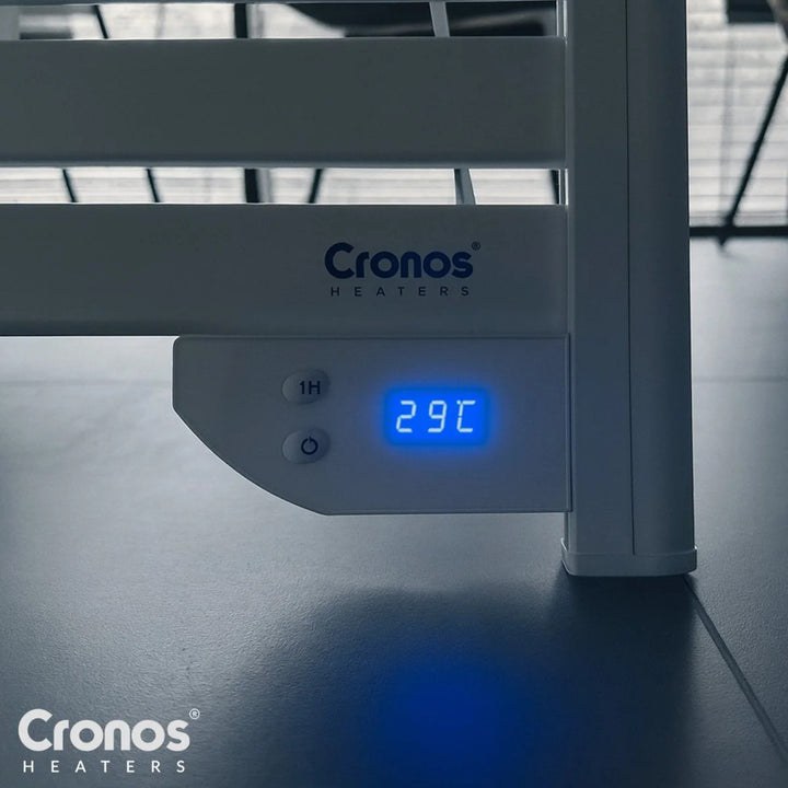 Cronos elektrisk badrumskamin, effekt 500 W, värmer rum upp till 6 m2, LCD-display, AUTO-funktion, TIMER och funktion för att upptäcka öppna fönster, TW-500