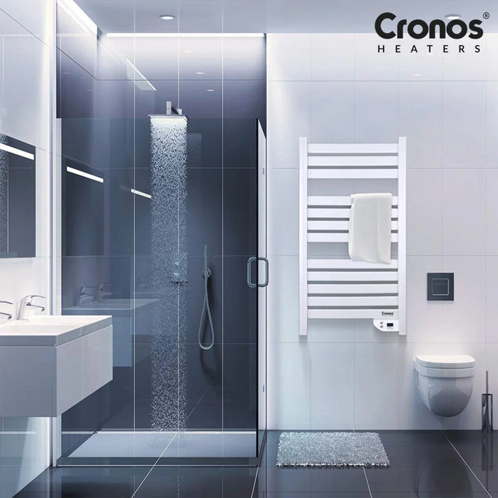 Cronos elektrisk badrumskamin, effekt 500 W, värmer rum upp till 6 m2, LCD-display, AUTO-funktion, TIMER och funktion för att upptäcka öppna fönster, TW-500