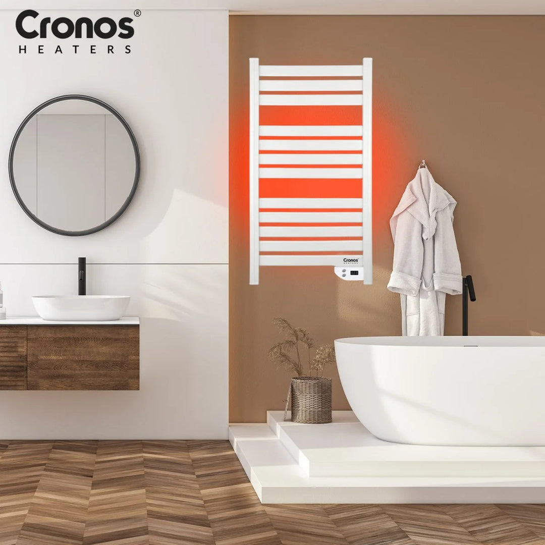 Cronos elektrisk badrumskamin, effekt 500 W, värmer rum upp till 6 m2, LCD-display, AUTO-funktion, TIMER och funktion för att upptäcka öppna fönster, TW-500