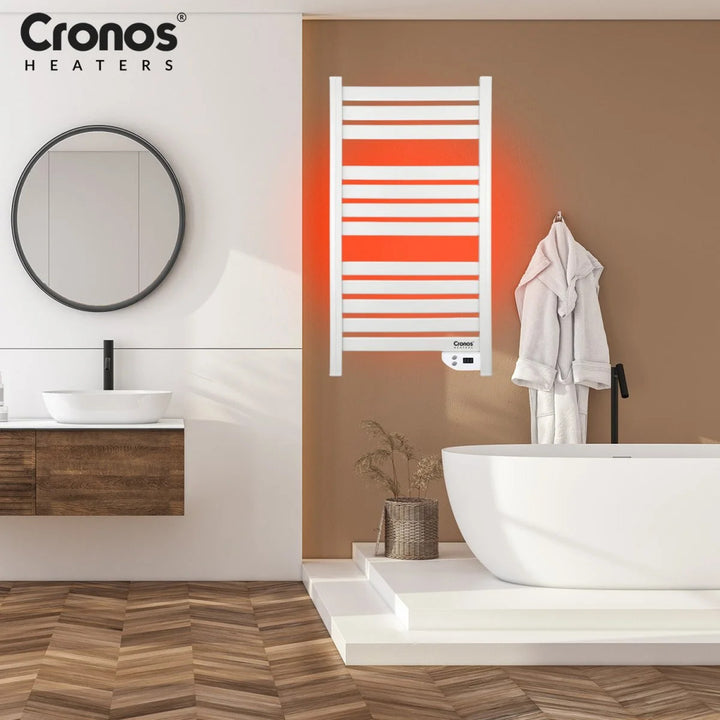 Cronos elektrisk badrumskamin, effekt 500 W, värmer rum upp till 6 m2, LCD-display, AUTO-funktion, TIMER och funktion för att upptäcka öppna fönster, TW-500