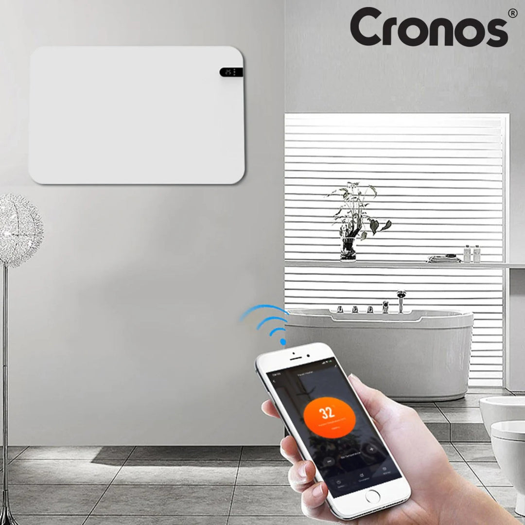 Cronos elektrisk radiator, vit, effekt 450 W, värmer upp rum på upp till 14 m2, inbyggd termostat, fjärrkontroll, funktion för att upptäcka öppna fönster, ben ingår, WFH-450TW