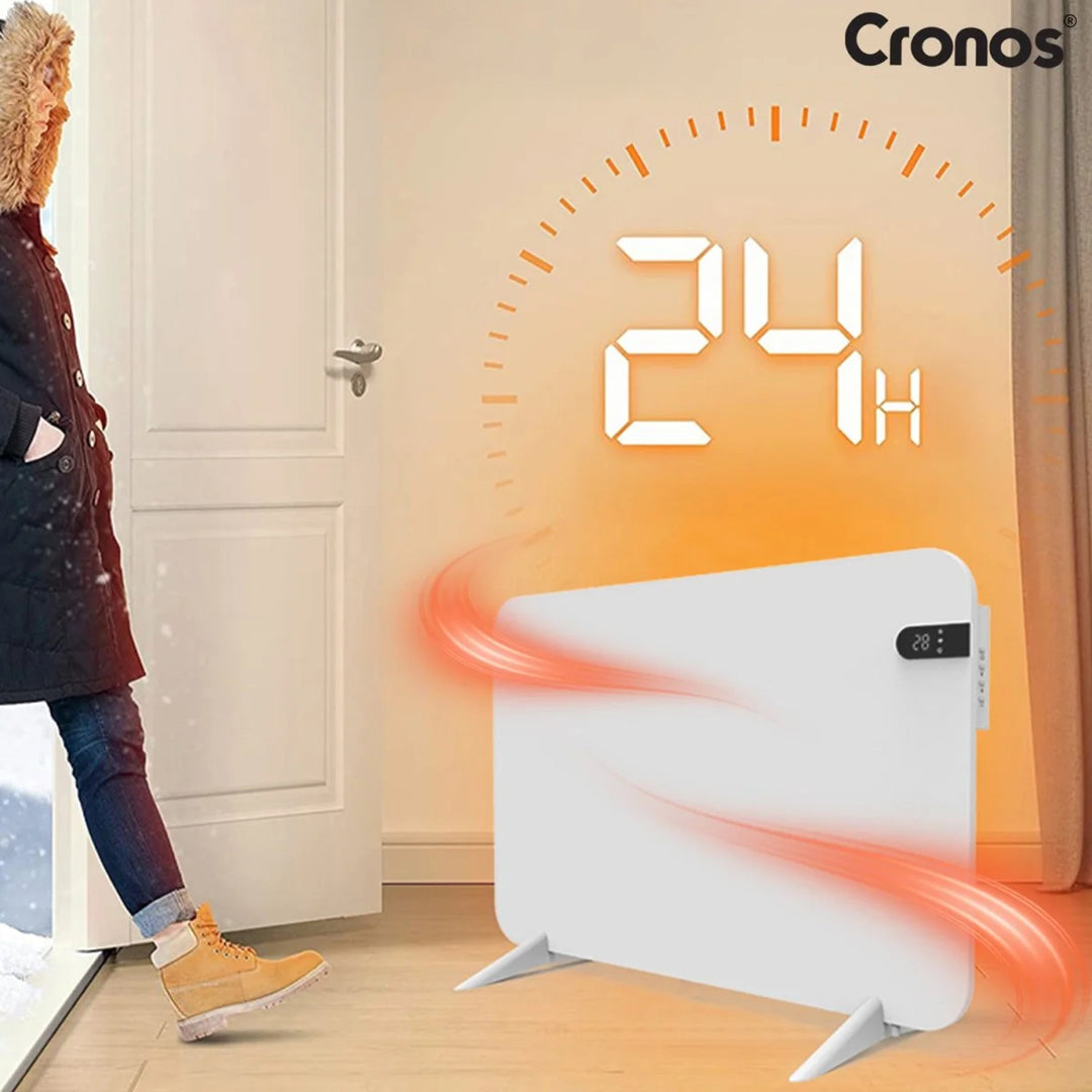 Cronos elektrisk radiator, vit, effekt 450 W, värmer upp rum på upp till 14 m2, inbyggd termostat, fjärrkontroll, funktion för att upptäcka öppna fönster, ben ingår, WFH-450TW