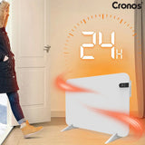 Cronos elektrisk radiator, vit, effekt 450 W, värmer upp rum på upp till 14 m2, inbyggd termostat, fjärrkontroll, funktion för att upptäcka öppna fönster, ben ingår, WFH-450TW
