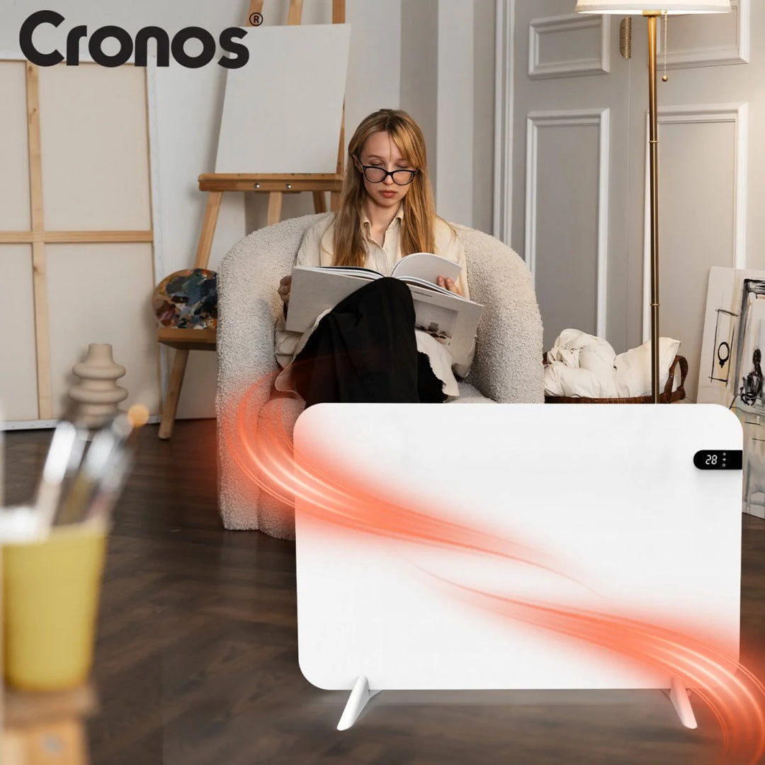 Cronos elektrisk radiator, vit, effekt 450 W, värmer upp rum på upp till 14 m2, inbyggd termostat, fjärrkontroll, funktion för att upptäcka öppna fönster, ben ingår, WFH-450TW