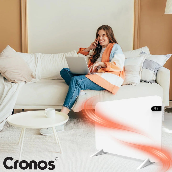 Cronos elektrisk radiator, vit, effekt 450 W, värmer upp rum på upp till 14 m2, inbyggd termostat, fjärrkontroll, funktion för att upptäcka öppna fönster, ben ingår, WFH-450TW