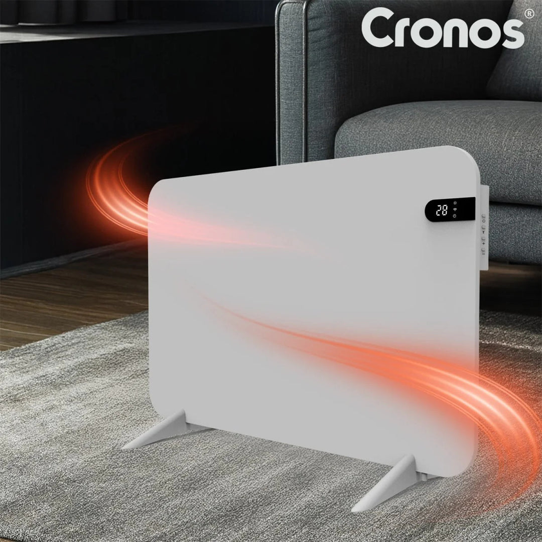 Cronos elektrisk radiator, vit, effekt 450 W, värmer upp rum på upp till 14 m2, inbyggd termostat, fjärrkontroll, funktion för att upptäcka öppna fönster, ben ingår, WFH-450TW