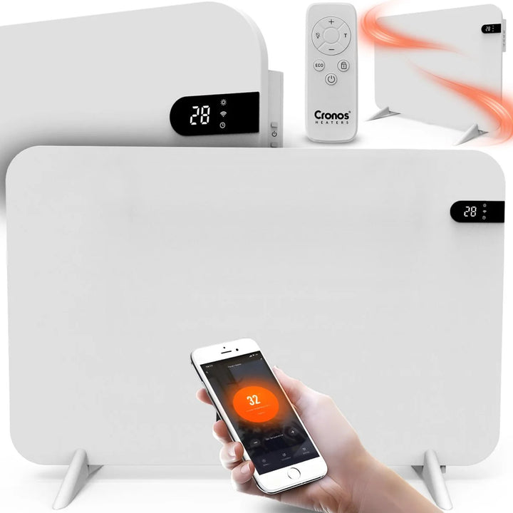Cronos elektrisk radiator, vit, effekt 450 W, värmer upp rum på upp till 14 m2, inbyggd termostat, fjärrkontroll, funktion för att upptäcka öppna fönster, ben ingår, WFH-450TW