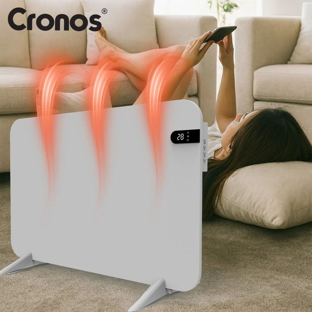 Cronos elektrisk radiator, vit, effekt 450 W, värmer upp rum på upp till 14 m2, inbyggd termostat, fjärrkontroll, funktion för att upptäcka öppna fönster, ben ingår, WFH-450TW
