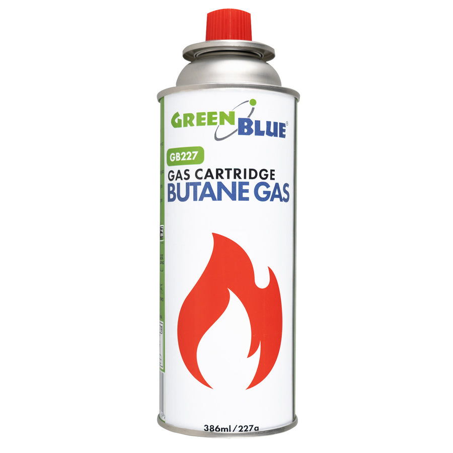 GreenBlue-gaspatron, 227 g. Certifikat: Pi 0875, uppfyller standarden EN 417, butan, användningstemperatur -10 °C till +40 °C, GB227