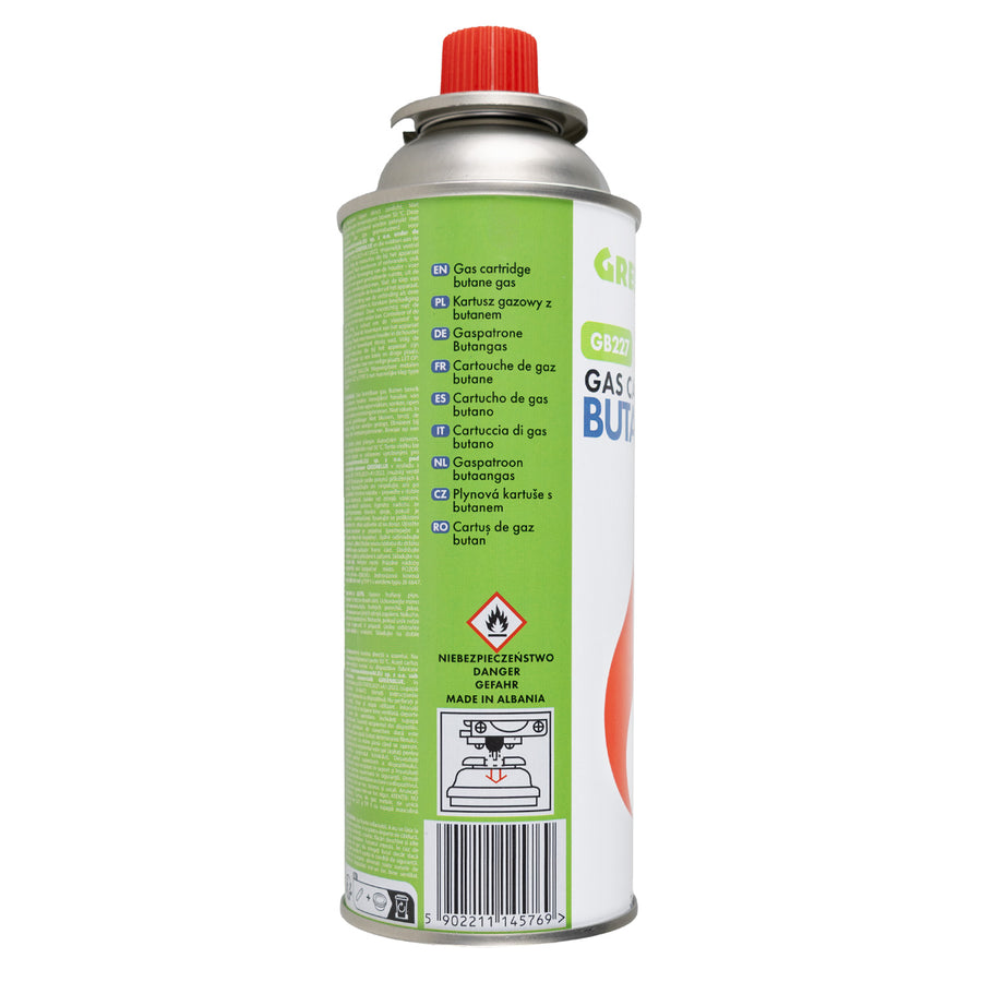 GreenBlue-gaspatron, 227 g. Certifikat: Pi 0875, uppfyller standarden EN 417, butan, användningstemperatur -10 °C till +40 °C, GB227