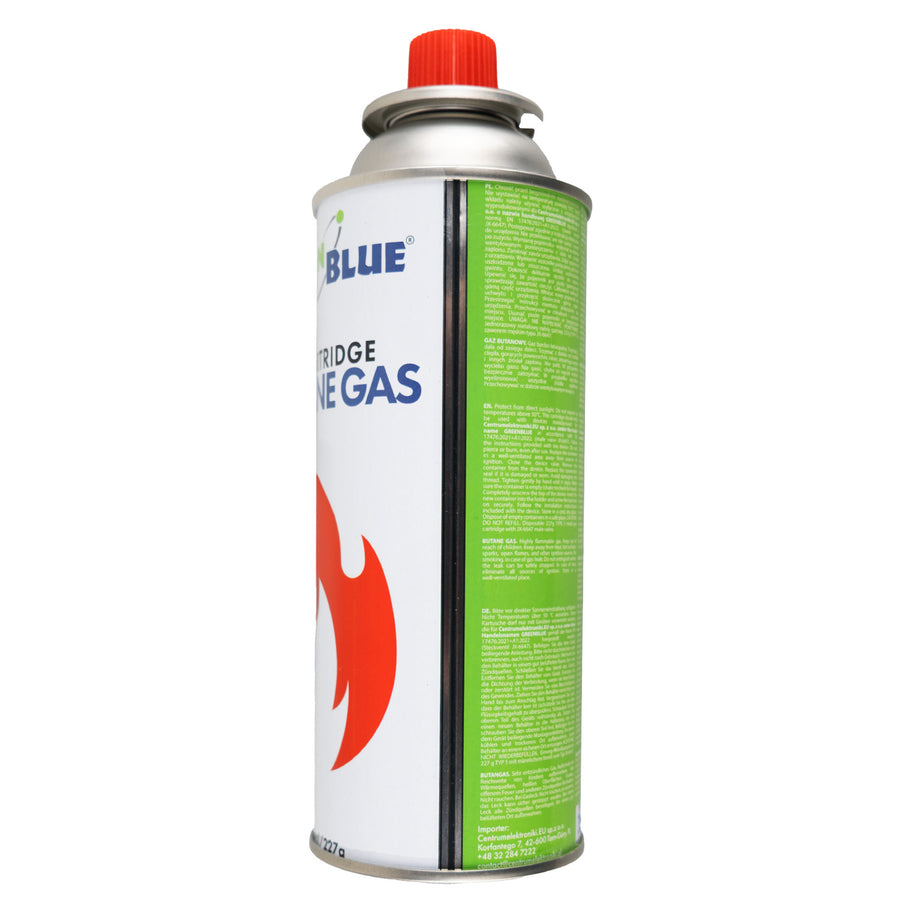 GreenBlue-gaspatron, 227 g. Certifikat: Pi 0875, uppfyller standarden EN 417, butan, användningstemperatur -10 °C till +40 °C, GB227