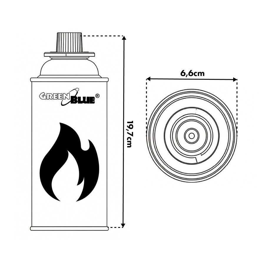 GreenBlue-gaspatron, 227 g. Certifikat: Pi 0875, uppfyller standarden EN 417, butan, användningstemperatur -10 °C till +40 °C, GB227