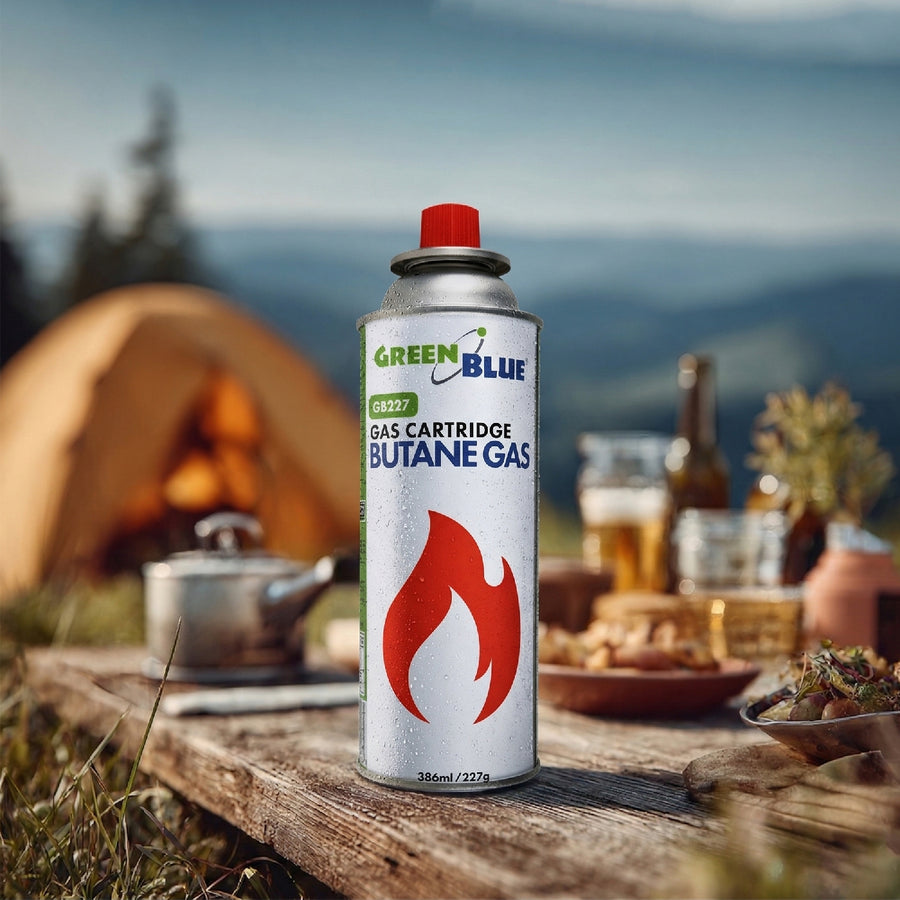 GreenBlue-gaspatron, 227 g. Certifikat: Pi 0875, uppfyller standarden EN 417, butan, användningstemperatur -10 °C till +40 °C, GB227