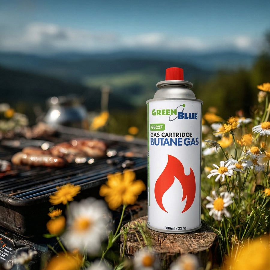 GreenBlue-gaspatron, 227 g. Certifikat: Pi 0875, uppfyller standarden EN 417, butan, användningstemperatur -10 °C till +40 °C, GB227