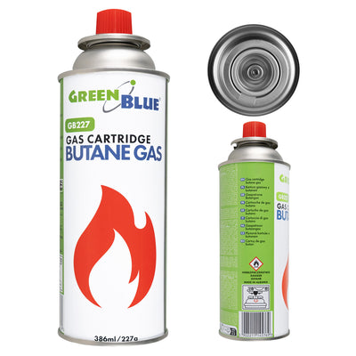GreenBlue-gaspatron, 227 g. Certifikat: Pi 0875, uppfyller standarden EN 417, butan, användningstemperatur -10 °C till +40 °C, GB227