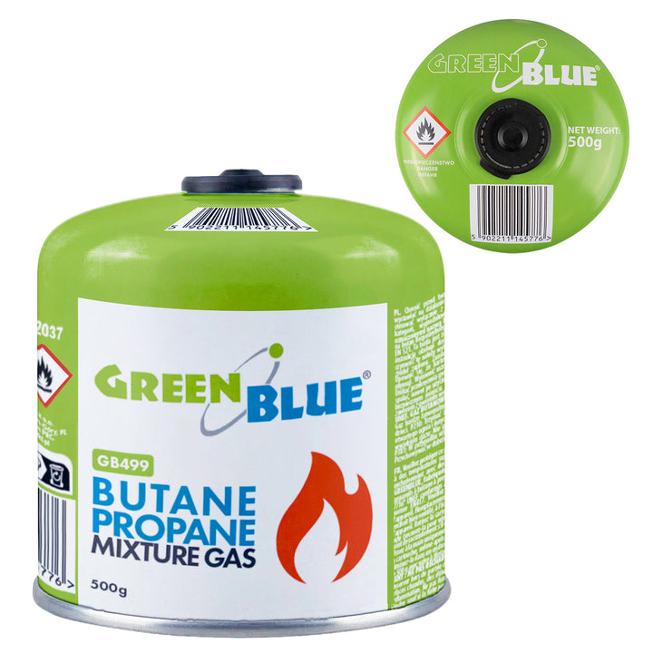 GreenBlue gaspatron 500 g. Certifikat: Pi 0437, uppfyller EN417, butan-propan, användningstemperatur -10 °C till +40 °C, gängad ventil 7/16'' GB499