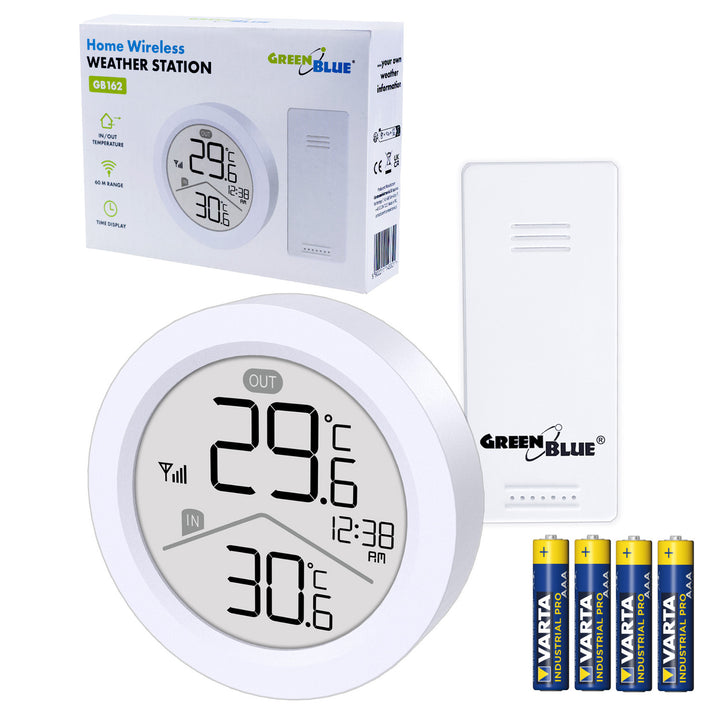 Trådlös väderstation GreenBlue, temperatur IN/OUT, klocka, val mellan °C / °F, räckvidd upp till 60 m, GB162, 4x AAA-batteri