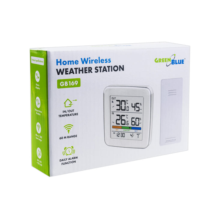 Trådlös väderstation GreenBlue, temperatur + luftfuktighet IN/OUT, klocka + alarm + datum, val mellan °C / °F, räckvidd upp till 60 m, GB169, 4x AAA-batteri