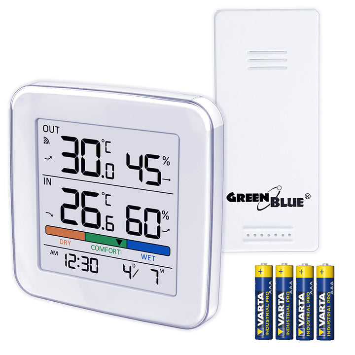 Trådlös väderstation GreenBlue, temperatur + luftfuktighet IN/OUT, klocka + alarm + datum, val mellan °C / °F, räckvidd upp till 60 m, GB169, 4x AAA-batteri