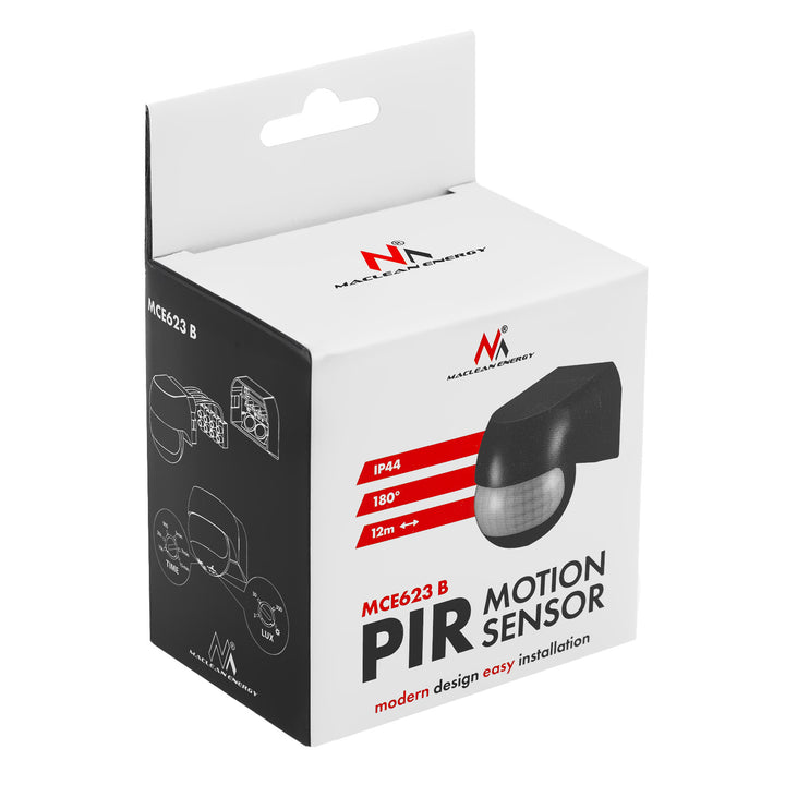 Maclean PIR-rörelsesensor 12–24 V, infraröd, IP44, svart, räckvidd 12 m, max. belastning 60/120 W, MCE623 B