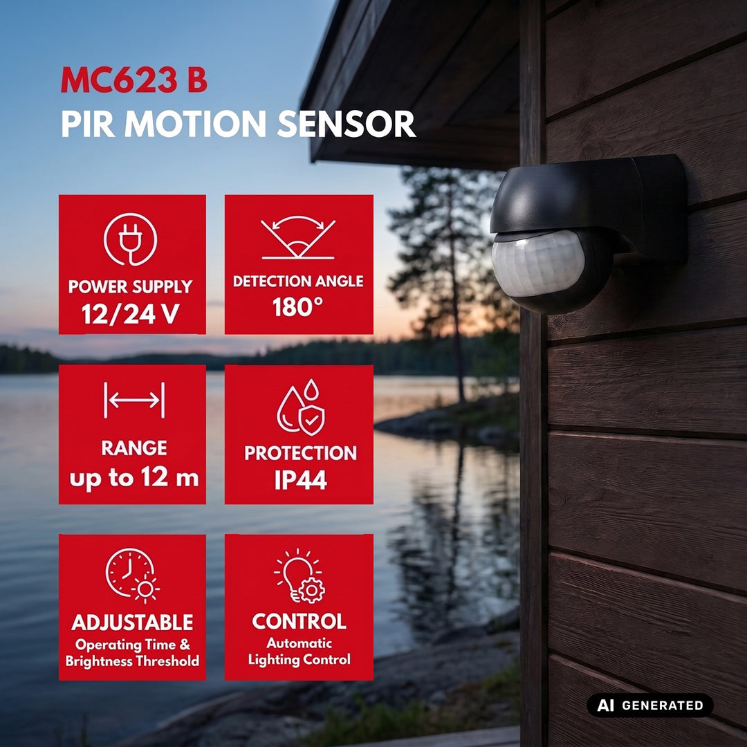 Maclean PIR-rörelsesensor 12–24 V, infraröd, IP44, svart, räckvidd 12 m, max. belastning 60/120 W, MCE623 B