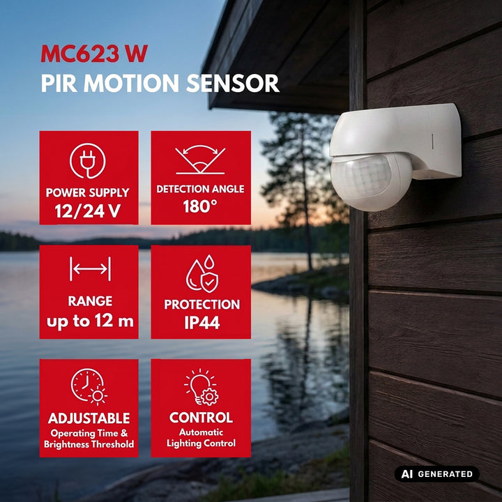 Maclean PIR-rörelsesensor 12–24 V, infraröd, IP44, vit, räckvidd 12 m, max. belastning 60/120 W, MCE623 W
