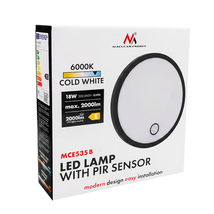 Maclean LED-lampa med rörelsesensor, PIR-sensor, svart, 10 W/15/18 W, IP65, justerbar färgtemperatur 3000/4000/6000 K, MCE535 B