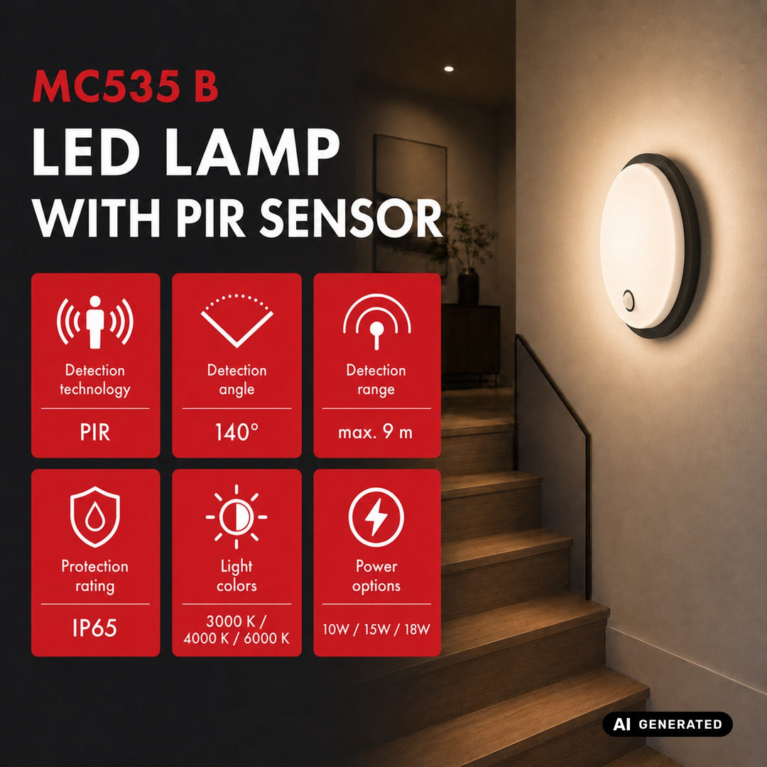 Maclean LED-lampa med rörelsesensor, PIR-sensor, svart, 10 W/15/18 W, IP65, justerbar färgtemperatur 3000/4000/6000 K, MCE535 B