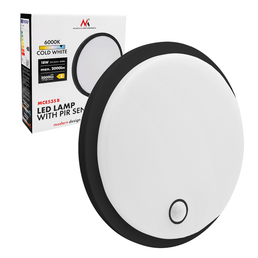 Maclean LED-lampa med rörelsesensor, PIR-sensor, svart, 10 W/15/18 W, IP65, justerbar färgtemperatur 3000/4000/6000 K, MCE535 B