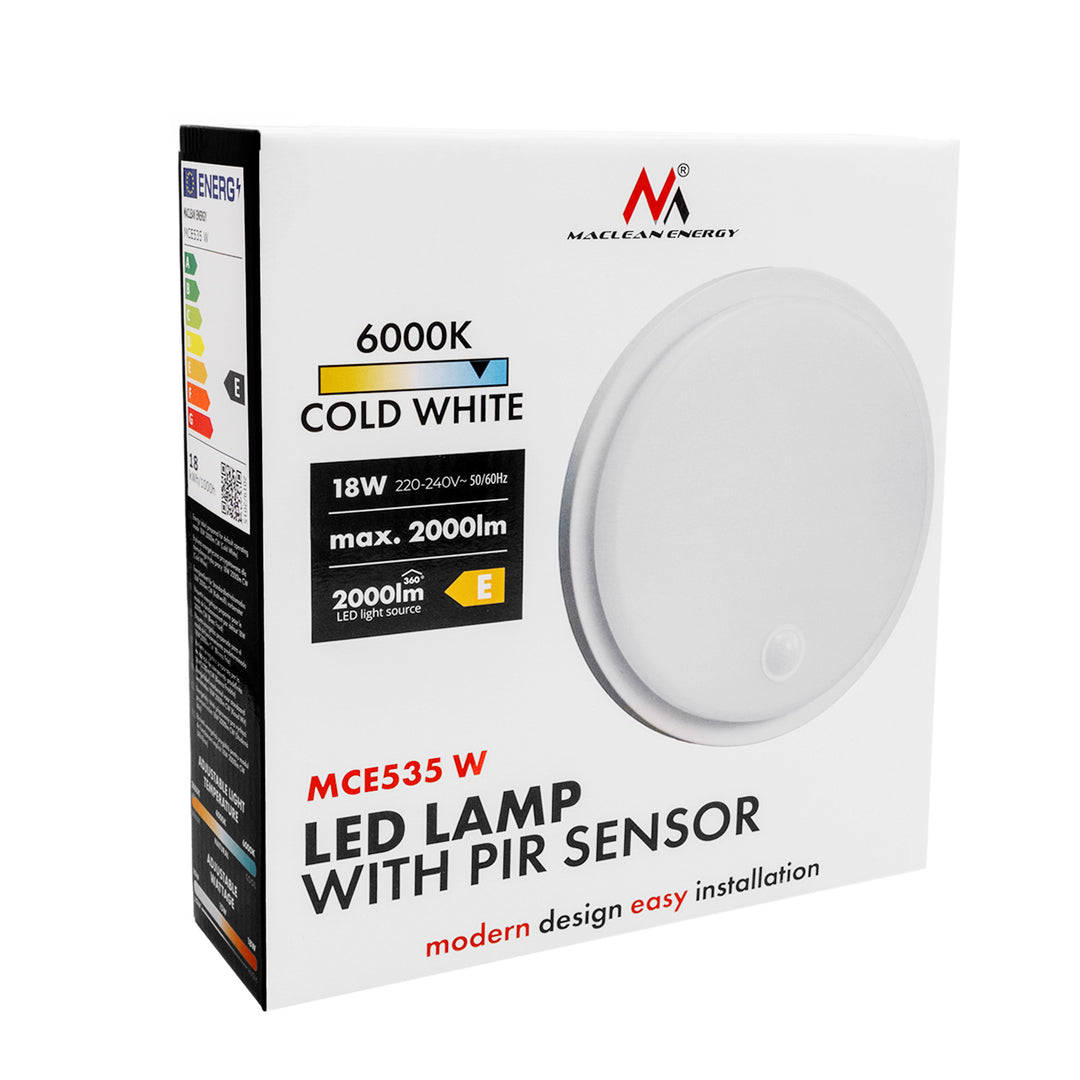 Maclean LED-lampa med rörelsesensor, PIR-sensor, vit, 10 W/15/18 W, IP65, justerbar färgtemperatur 3000/4000/6000 K, MCE535 W