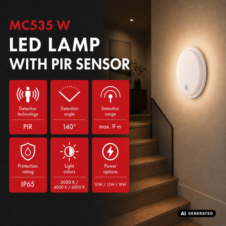 Maclean LED-lampa med rörelsesensor, PIR-sensor, vit, 10 W/15/18 W, IP65, justerbar färgtemperatur 3000/4000/6000 K, MCE535 W