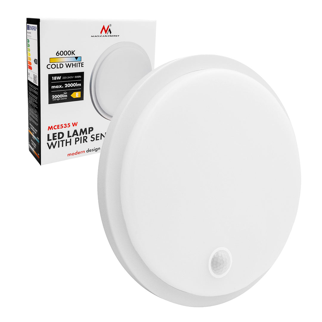 Maclean LED-lampa med rörelsesensor, PIR-sensor, vit, 10 W/15/18 W, IP65, justerbar färgtemperatur 3000/4000/6000 K, MCE535 W