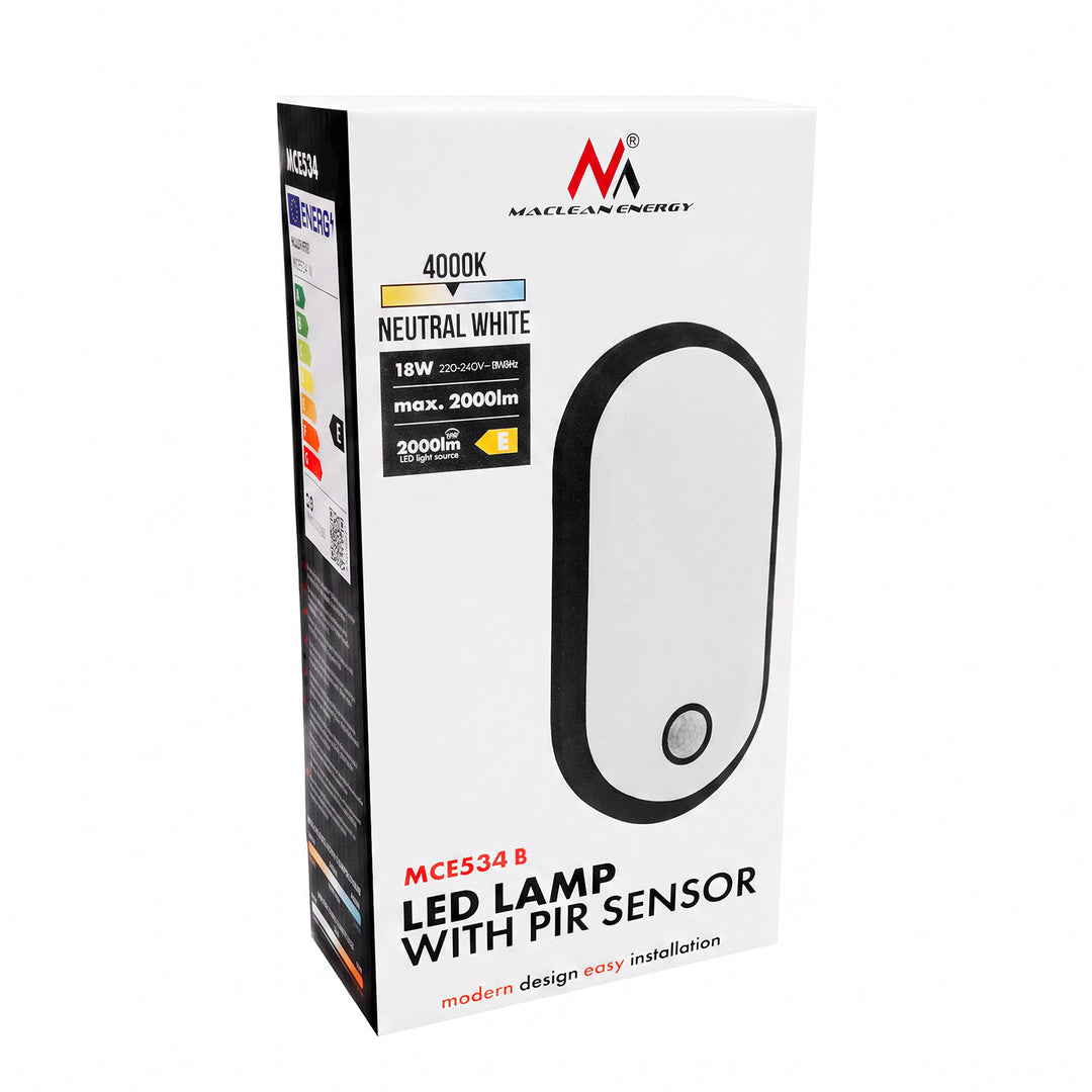 Maclean LED-lampa med rörelsesensor, PIR-sensor, svart, 10 W/15 W/18 W, IP65, färginställning 3000/4000/6000 K, MCE534 B