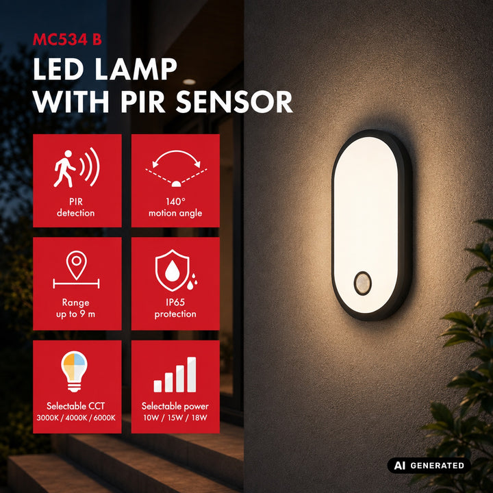 Maclean LED-lampa med rörelsesensor, PIR-sensor, svart, 10 W/15 W/18 W, IP65, färginställning 3000/4000/6000 K, MCE534 B