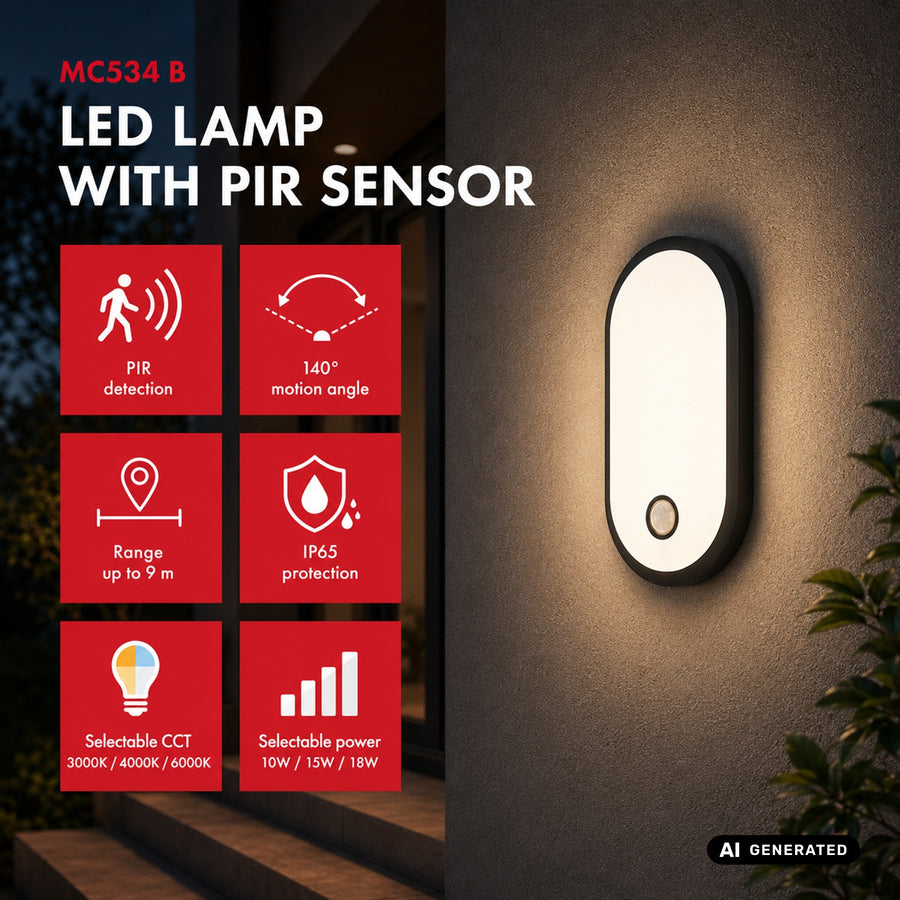 Maclean LED-lampa med rörelsesensor, PIR-sensor, svart, 10 W/15 W/18 W, IP65, färginställning 3000/4000/6000 K, MCE534 B