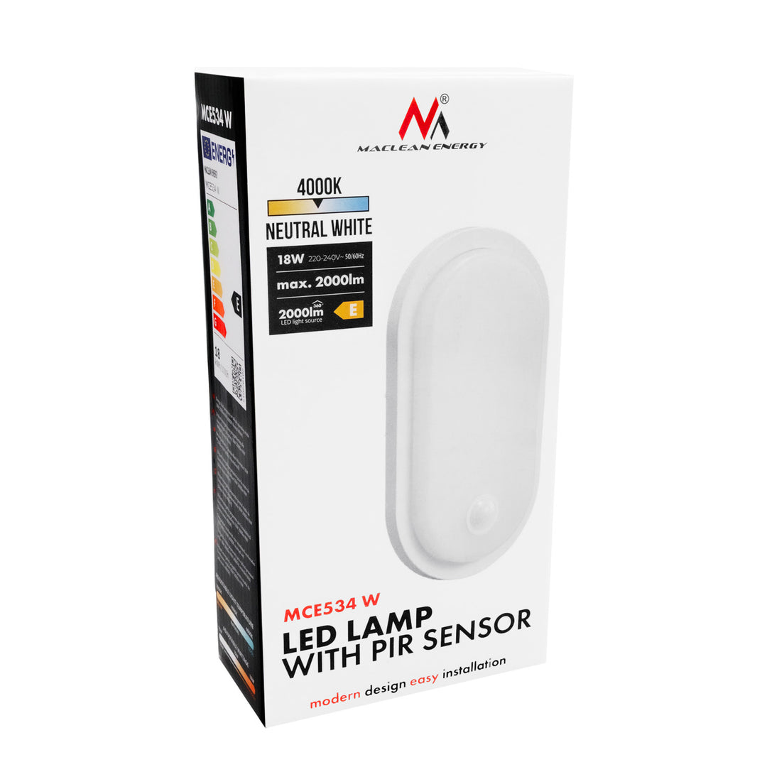Maclean LED-lampa med rörelsesensor, PIR-sensor, vit, 10 W/15 W/18 W, IP65, justerbar färgtemperatur 3000/4000/6000 K, MCE534 W