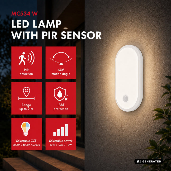 Maclean LED-lampa med rörelsesensor, PIR-sensor, vit, 10 W/15 W/18 W, IP65, justerbar färgtemperatur 3000/4000/6000 K, MCE534 W