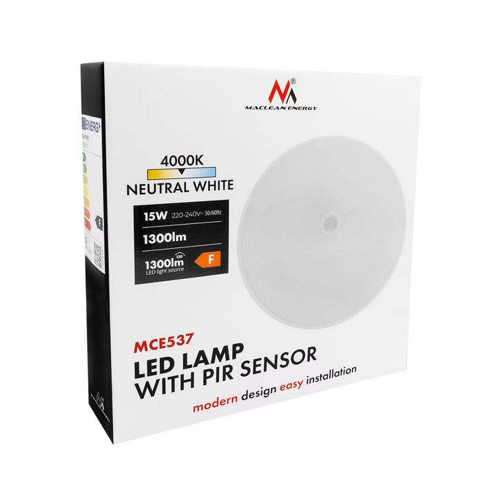 Maclean LED-lampa med PIR-sensor, takmonterad, 15 W, 1300 lm, IP54, 220–240 V~ 50/60 Hz, MCE537