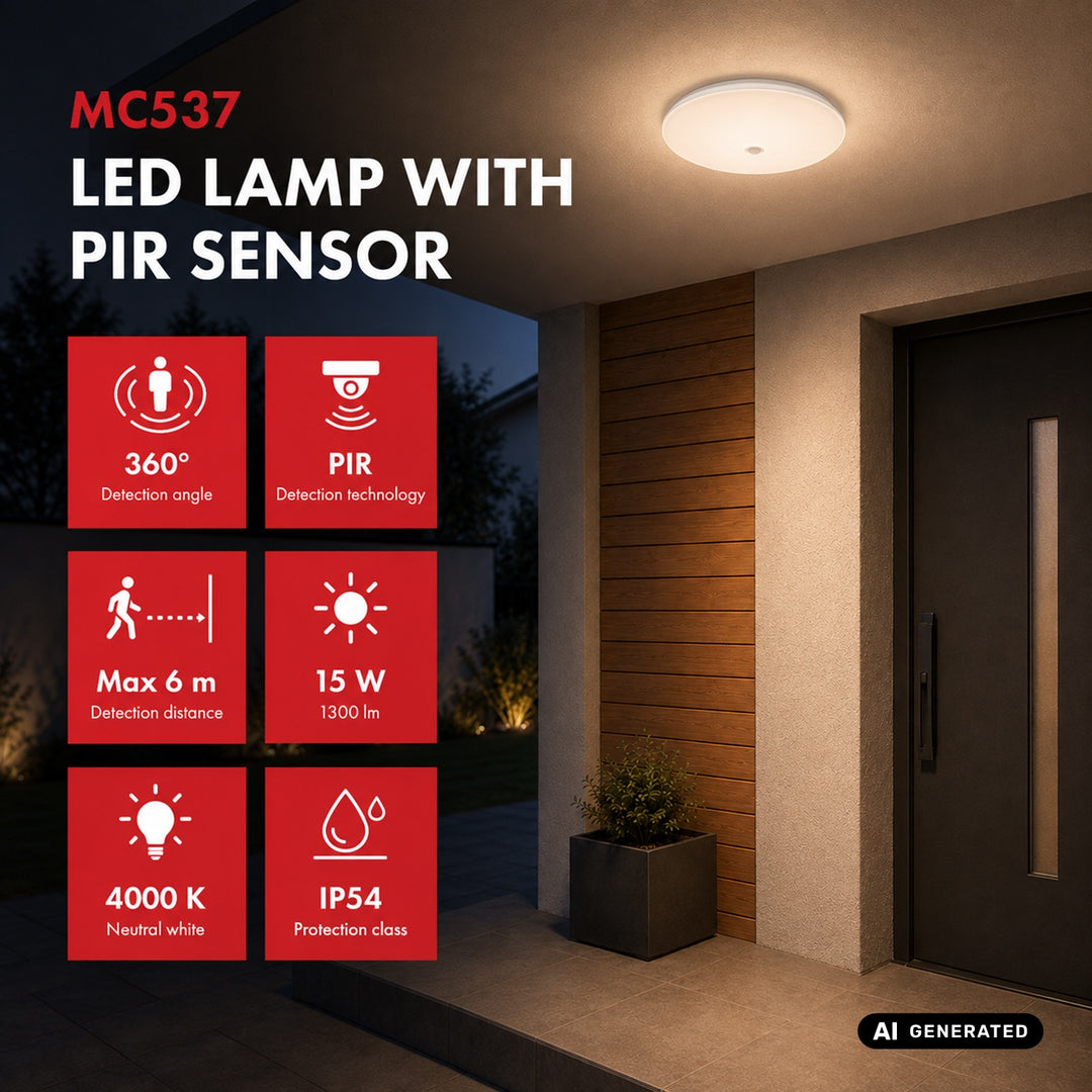 Maclean LED-lampa med PIR-sensor, takmonterad, 15 W, 1300 lm, IP54, 220–240 V~ 50/60 Hz, MCE537