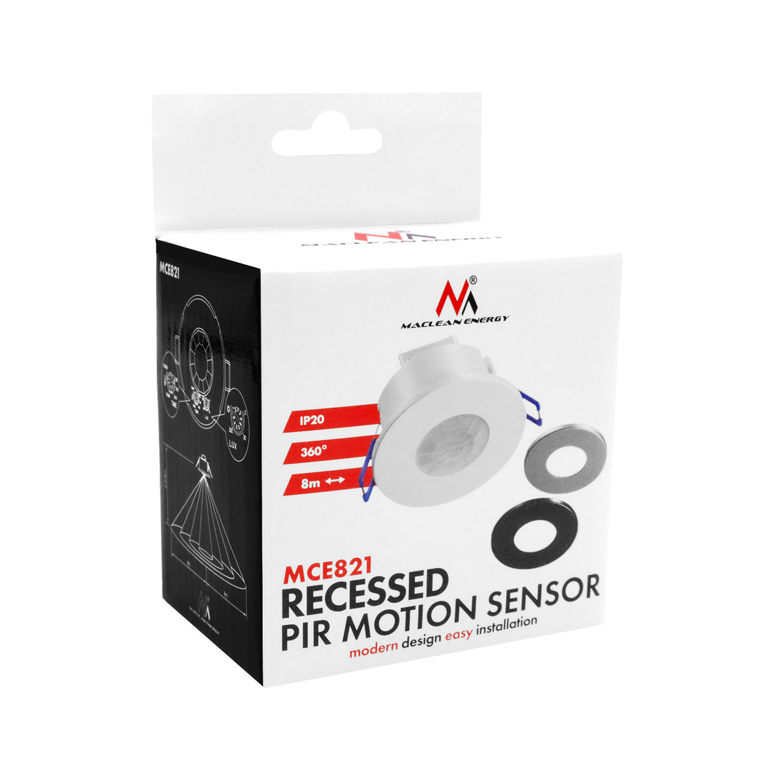 Maclean PIR-rörelsesensor, för infällning, räckvidd 8 m, 600 W/1 200 W, 220–240 V AC, 50/60 Hz, MCE821