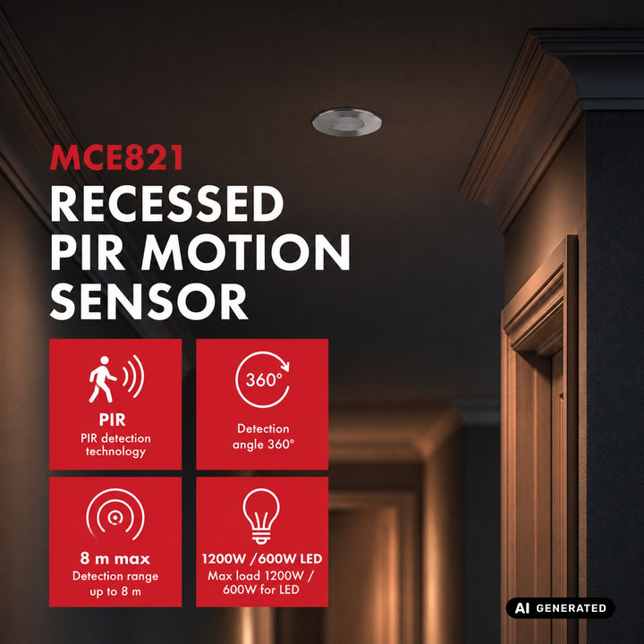 Maclean PIR-rörelsesensor, för infällning, räckvidd 8 m, 600 W/1 200 W, 220–240 V AC, 50/60 Hz, MCE821