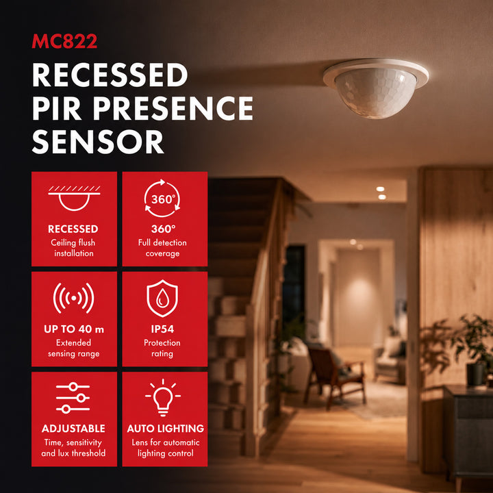 Maclean PIR-närvarosensor, för infällning, räckvidd 10x40 m, 1000 W/2000 W, 220–240 V AC, 50/60 Hz, IP54, MCE822