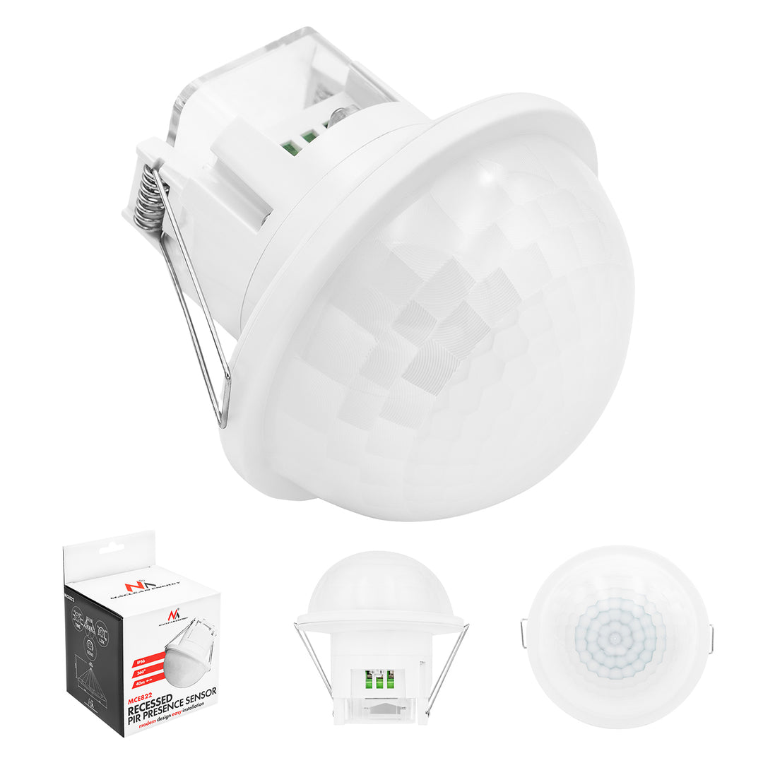 Maclean PIR-närvarosensor, för infällning, räckvidd 10x40 m, 1000 W/2000 W, 220–240 V AC, 50/60 Hz, IP54, MCE822